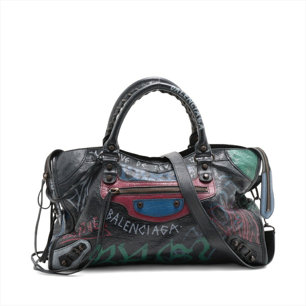 Balenciaga City Graffiti Leather Handbag Black Mirror